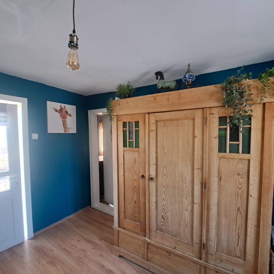 A bright room at the Kovachevets guest house features blue walls, a large wooden wardrobe adorned with plants and animal figurines, a sunlit window, a door, and a giraffe picture—perfect for your relaxing farm holiday.