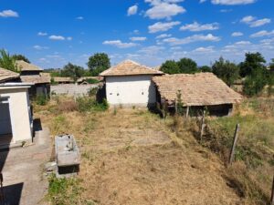 A sunny back garden at Muddy Puddles Farm features overgrown grass, an outdoor sink, and several old guest house buildings with tiled roofs. The bright blue sky with scattered clouds is framed by trees in the background.