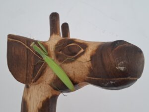 A green praying mantis sits atop the head of a carved wooden giraffe, a quirky touch you might spot at Muddy Puddles Farm guest house, set against a plain white background.