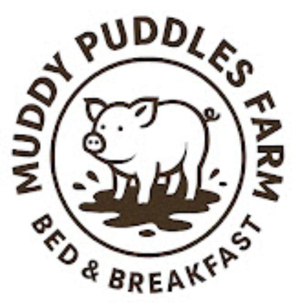 Logo for Muddy Puddles Farm Bed & Breakfast, a guest house in Kovachevets, featuring a cartoon pig standing in a mud puddle, surrounded by the business name in a circular arrangement.