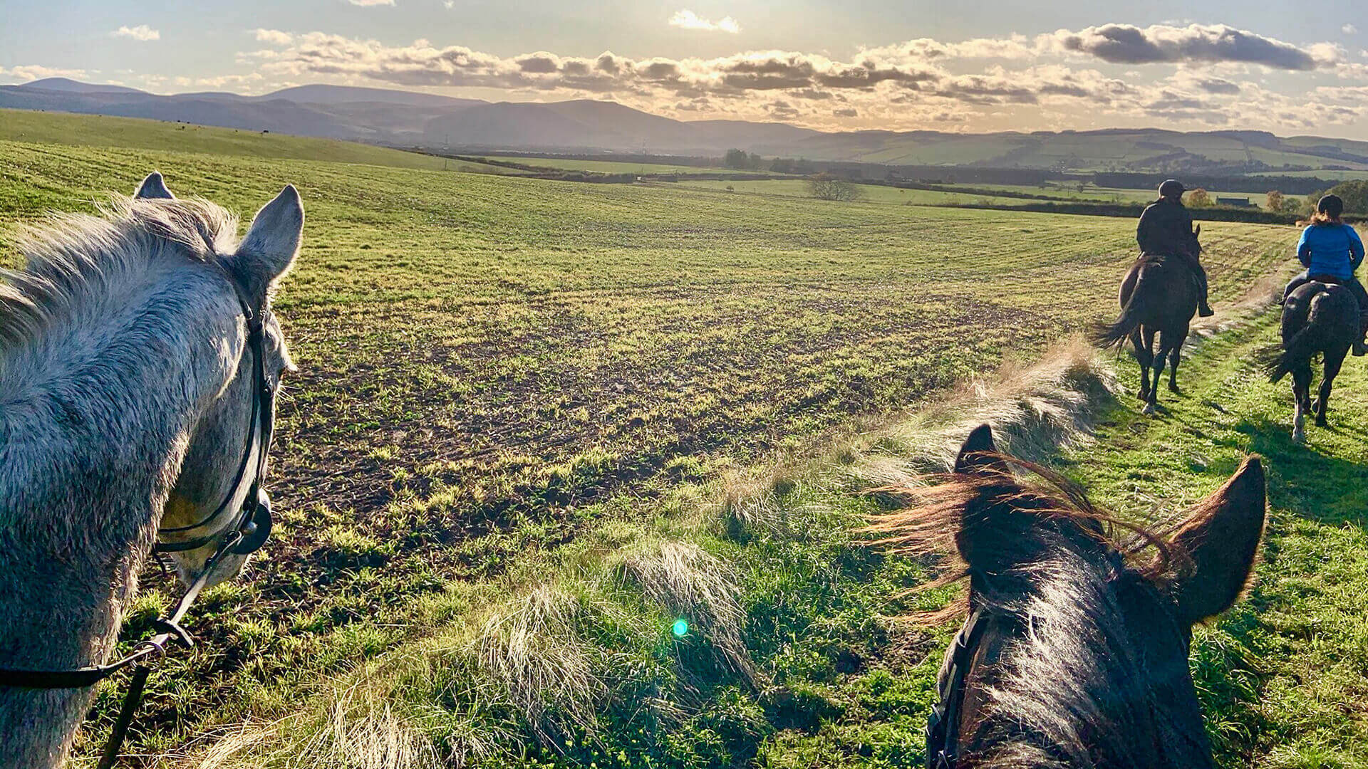 Four people ride horses across a grassy field on Muddy Puddles Farm near Kovachevets, with rolling hills and mountains in the background under a partly cloudy sky. The photo is taken from horseback as the sun shines low on the horizon.