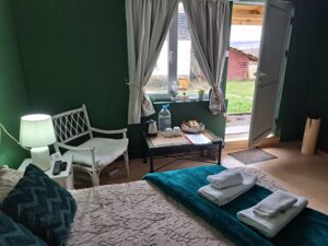A cosy farm stay bedroom in Kovachevets with green walls, a bed with folded towels, a white chair, bedside table and lamp, a tray of drinks, and an open door leading to a grassy garden with a small shed outside.
