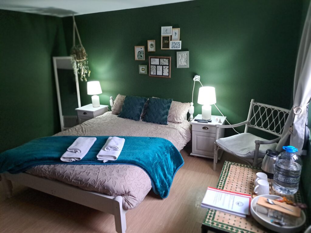 A cosy bedroom at Muddy Puddles Farm guest house in Kovachevets features dark green walls, a double bed with teal pillows, bedside tables with lamps, wall art above the bed, a white chair, floor mirror, and a tray with water and snacks.
