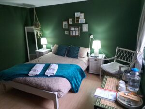 A cosy bedroom at Muddy Puddles Farm guest house in Kovachevets features dark green walls, a double bed with teal pillows, bedside tables with lamps, wall art above the bed, a white chair, floor mirror, and a tray with water and snacks.