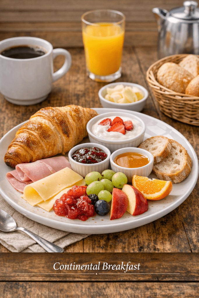 A plate with a croissant, ham, cheese, jam, honey, yoghurt with strawberries, grapes, apple slices, orange, and berries. Coffee and juice are in the background. Text reads “Continental Breakfast at Muddy Puddles Farm in Kovachevets.”.