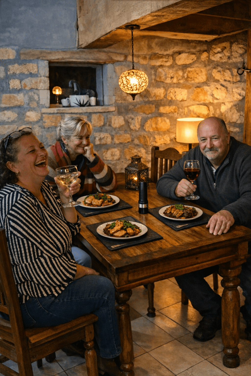 Three people sit around a wooden table in a cosy, rustic room at Muddy Puddles Farm in Kovachevets, enjoying a meal and drinks. Two women and one man are laughing and smiling, creating a warm, joyful farm stay atmosphere.