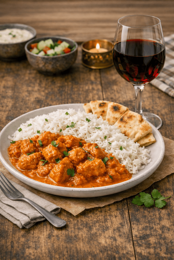A plate of white rice, naan bread, and orange curry garnished with coriander sits on a wooden table at a cosy Kovachevets guest house, accompanied by a glass of red wine and small bowls of salad and yoghurt in the background.