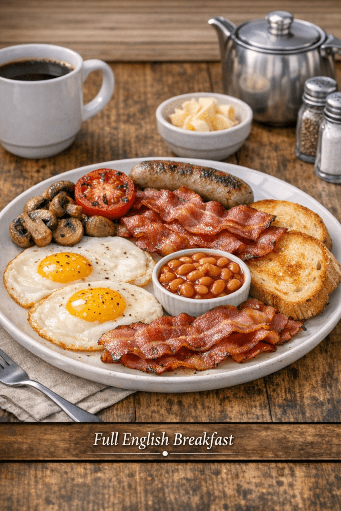 A plate of full English breakfast with fried eggs, bacon, sausage, baked beans, grilled tomato, mushrooms, and toast awaits at Muddy Puddles Farm guest house in Kovachevets. A cup of coffee and a teapot sit in the background for a cosy morning meal.