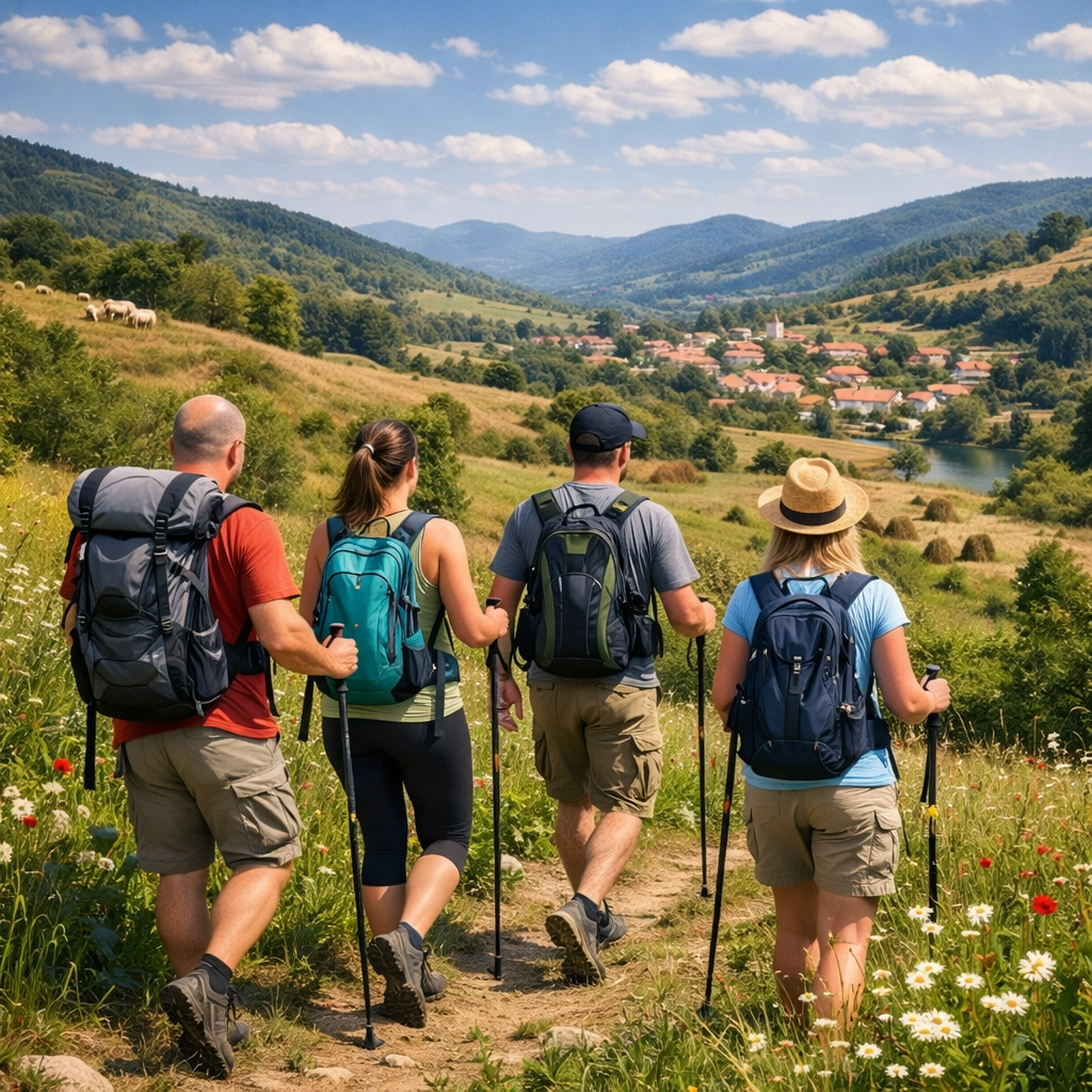 Four people with rucksacks and walking sticks walk on a scenic path through green hills near Muddy Puddles Farm in Kovachevets, passing wildflowers and trees under a blue sky as they head towards a distant village.