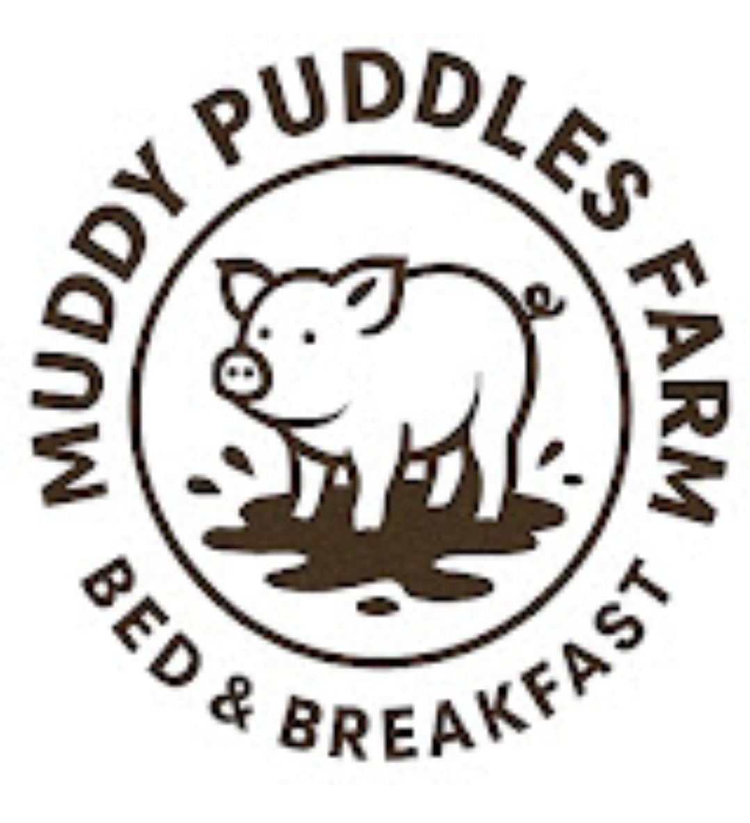 Logo for Muddy Puddles Farm Bed & Breakfast featuring a cartoon pig standing in a puddle, with the business name circling around—perfectly capturing the charm of this delightful farm stay.