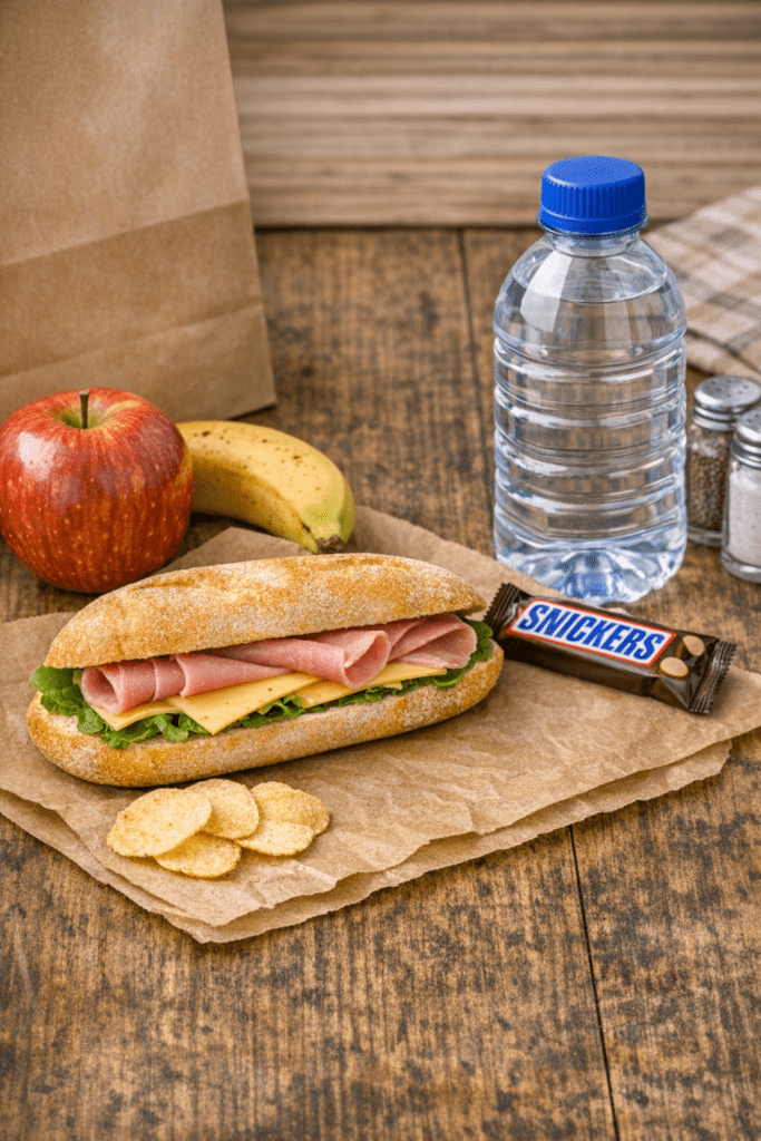 A lunch spread from Muddy Puddles Farm with a ham and cheese sandwich on a baguette, crisps, an apple, a banana, a Snickers bar, and bottled water sits on brown paper atop a rustic wooden table—perfect for your farm stay.