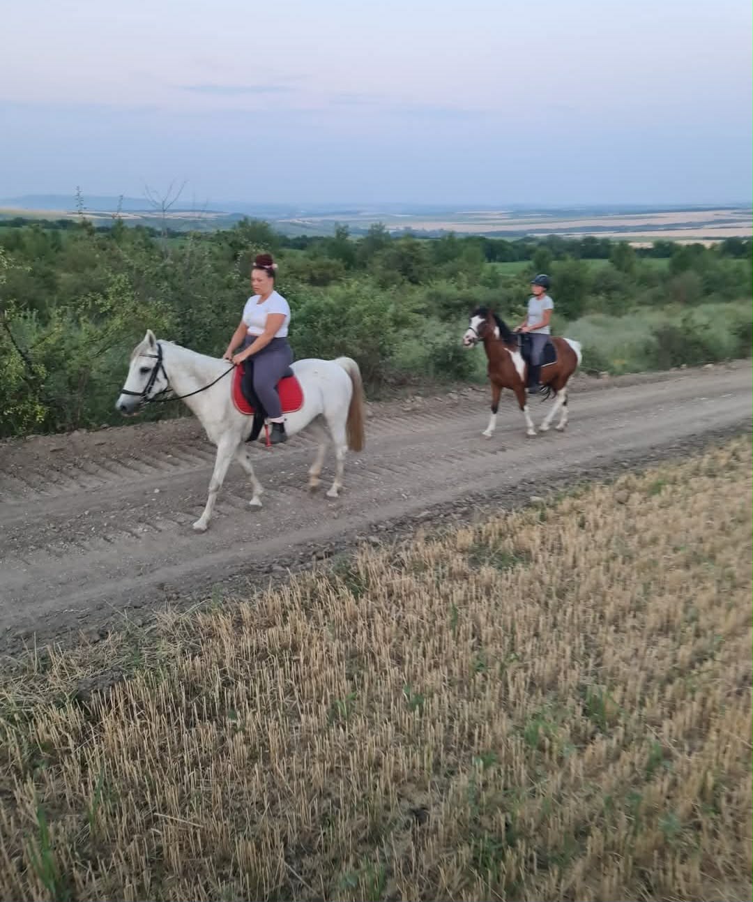 Two people ride horses on a dirt road beside a harvested field at Muddy Puddles Farm, with green bushes and distant hills under a cloudy sky.