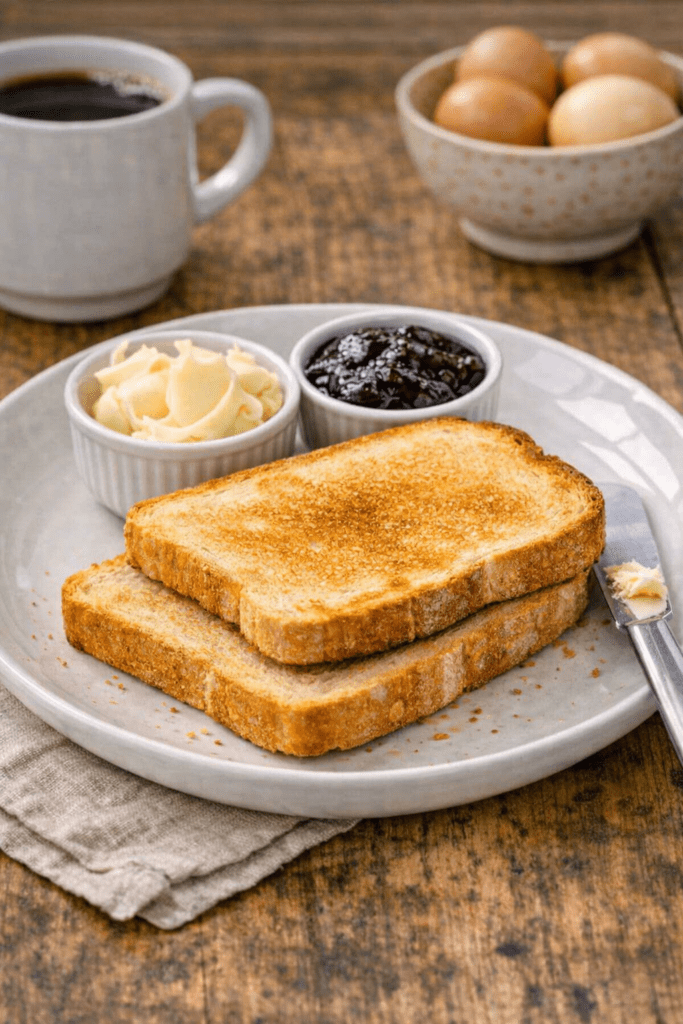 Two slices of toasted bread on a plate with butter and dark jam, a butter knife, coffee, and a bowl of eggs on a rustic wooden table—perfect for a cosy farm stay breakfast in Kovachevets guest house.