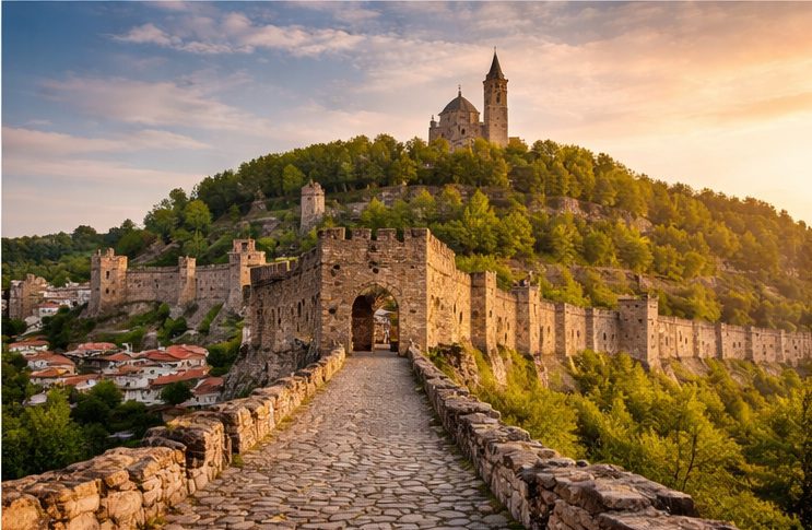 A stone path leads to a medieval fortress on a green hill in Kovachevets, topped by a church-like building under a golden sunset sky. Cosy houses and the charm of Muddy Puddles Farm nestle at the foot, perfect for a peaceful farm stay.