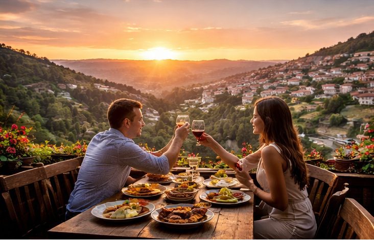 A man and woman toast with wine at an outdoor table set with various dishes at a Kovachevets guest house, overlooking a scenic valley and village at sunset, surrounded by flowers and green hills.