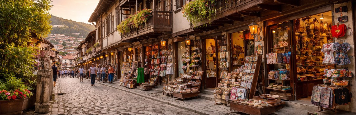 A cobblestone street lined with traditional wooden buildings and shops displaying colourful pottery, textiles, and souvenirs welcomes visitors, while a cosy guest house offers a charming retreat amid evening light and green hills in the background.
