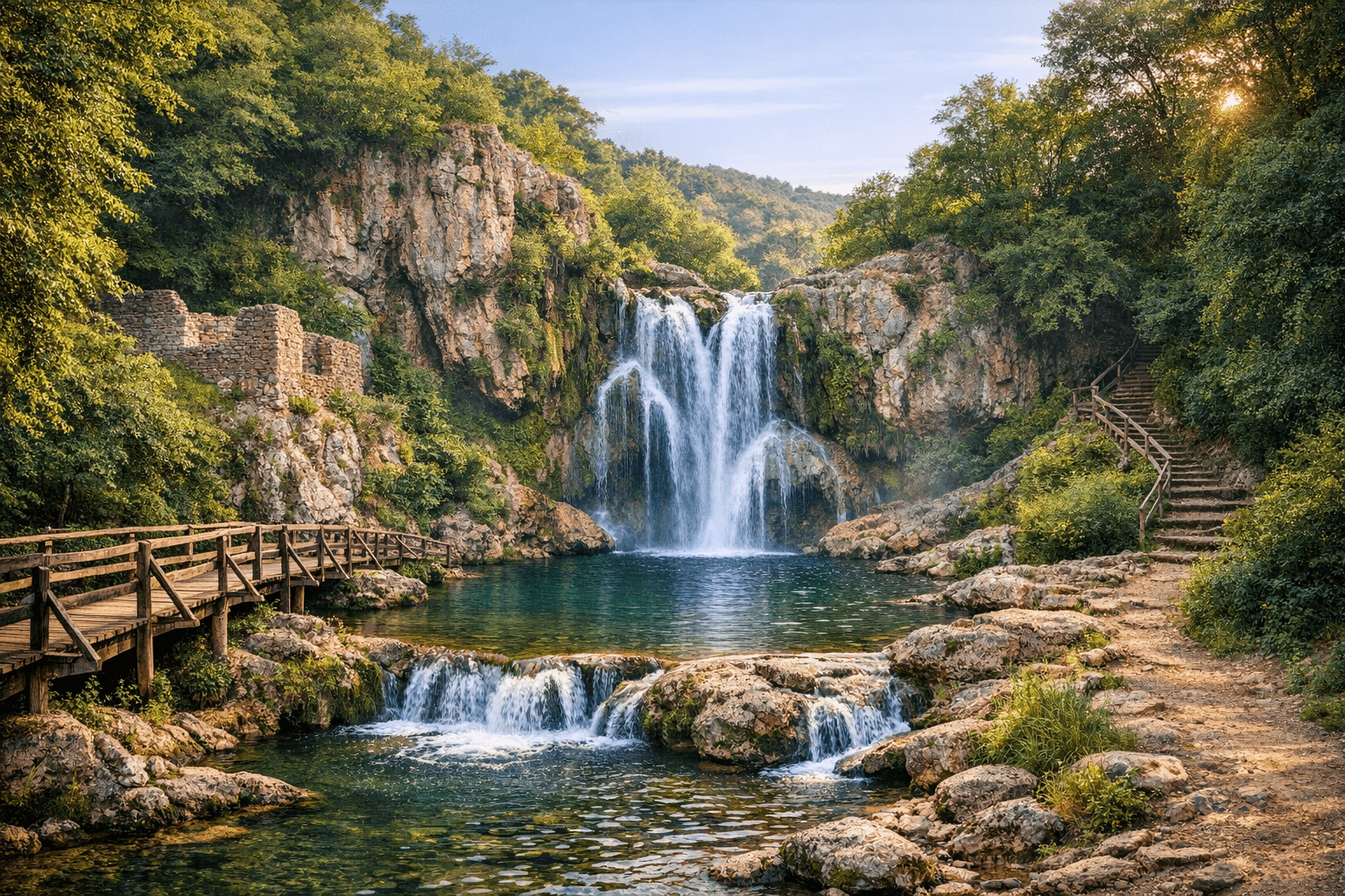 A scenic waterfall flows into a clear pool surrounded by lush green trees, rocky cliffs, an old stone ruin, a wooden footbridge, and a winding dirt path with wooden steps near Muddy Puddles Farm in Kovachevets.