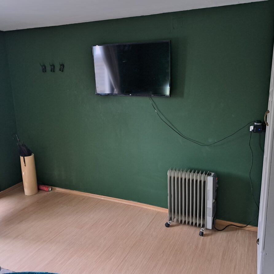 A minimalist room at Muddy Puddles Farm guest house with green walls, a wall-mounted telly, small electric heater, coat hooks, tall umbrella stand, and light wood flooring. A door is partially open on the left side.